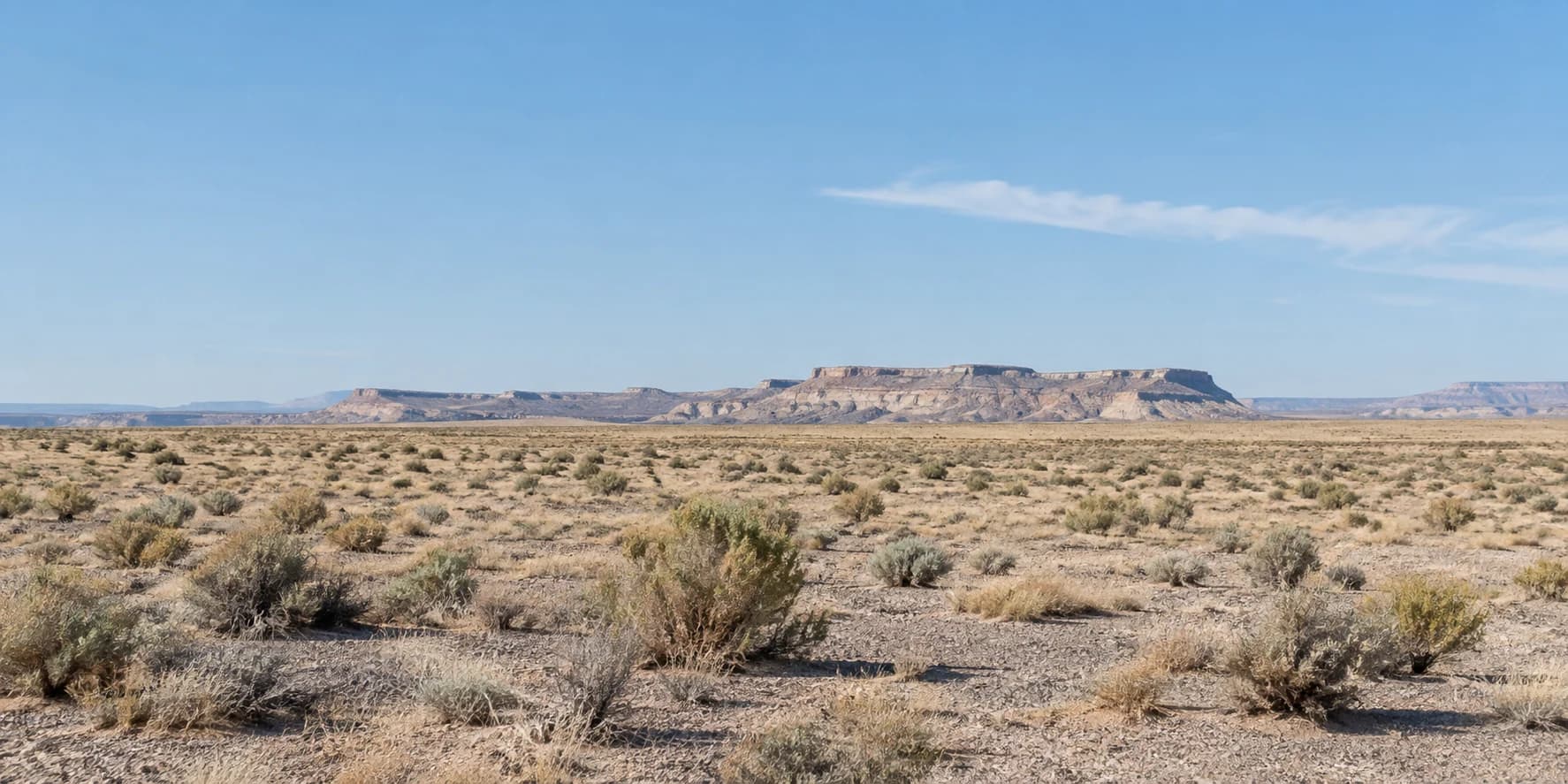 An open high desert with sparse sagebrush and a low sandstone mesa beneath a wide blue sky. Original AI-generated landscape.