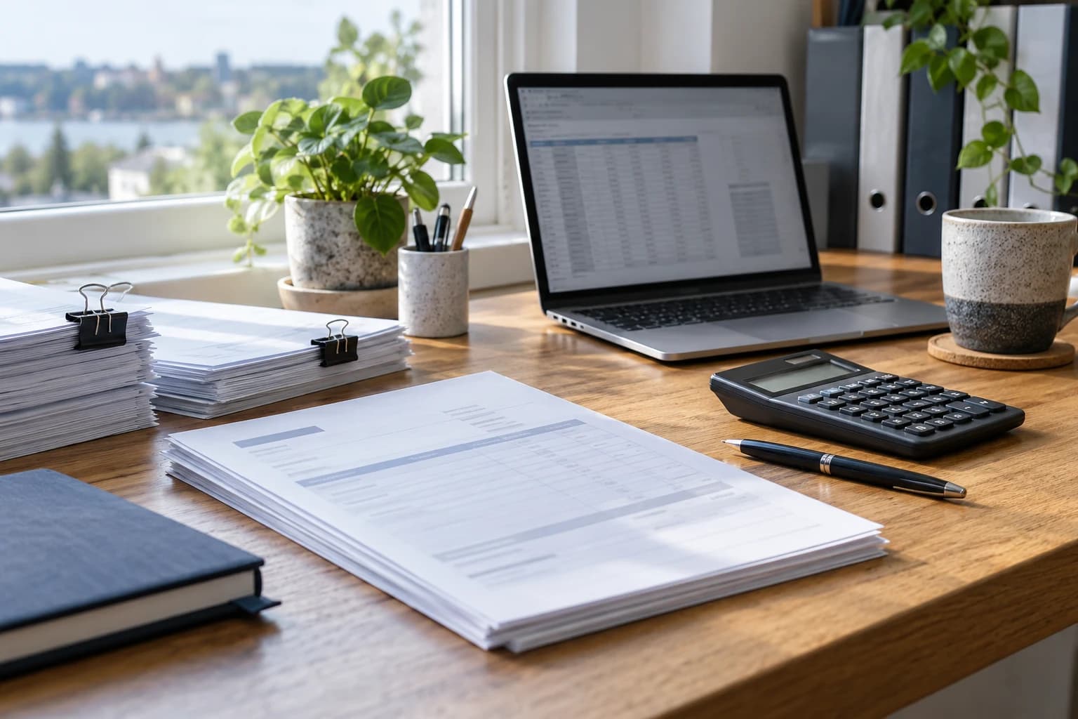 A bookkeeping workspace with a calculator, organized paperwork, and a laptop. Original AI-generated image.