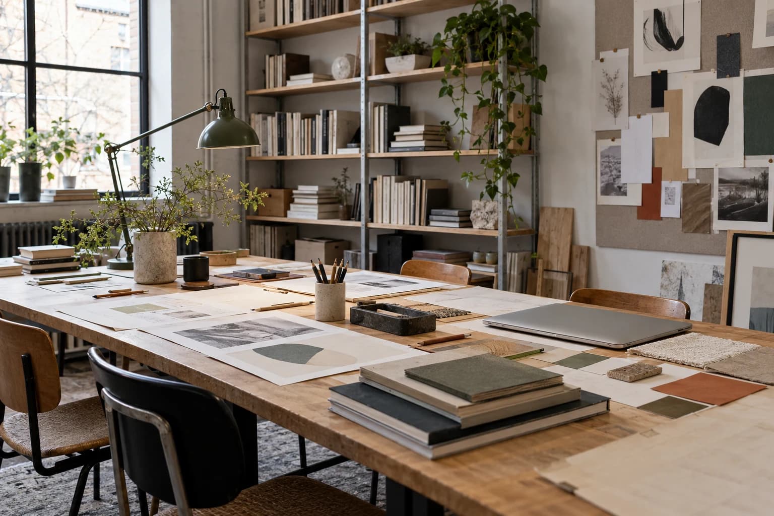 A creative studio worktable with layouts, color studies, and books. Original AI-generated image.