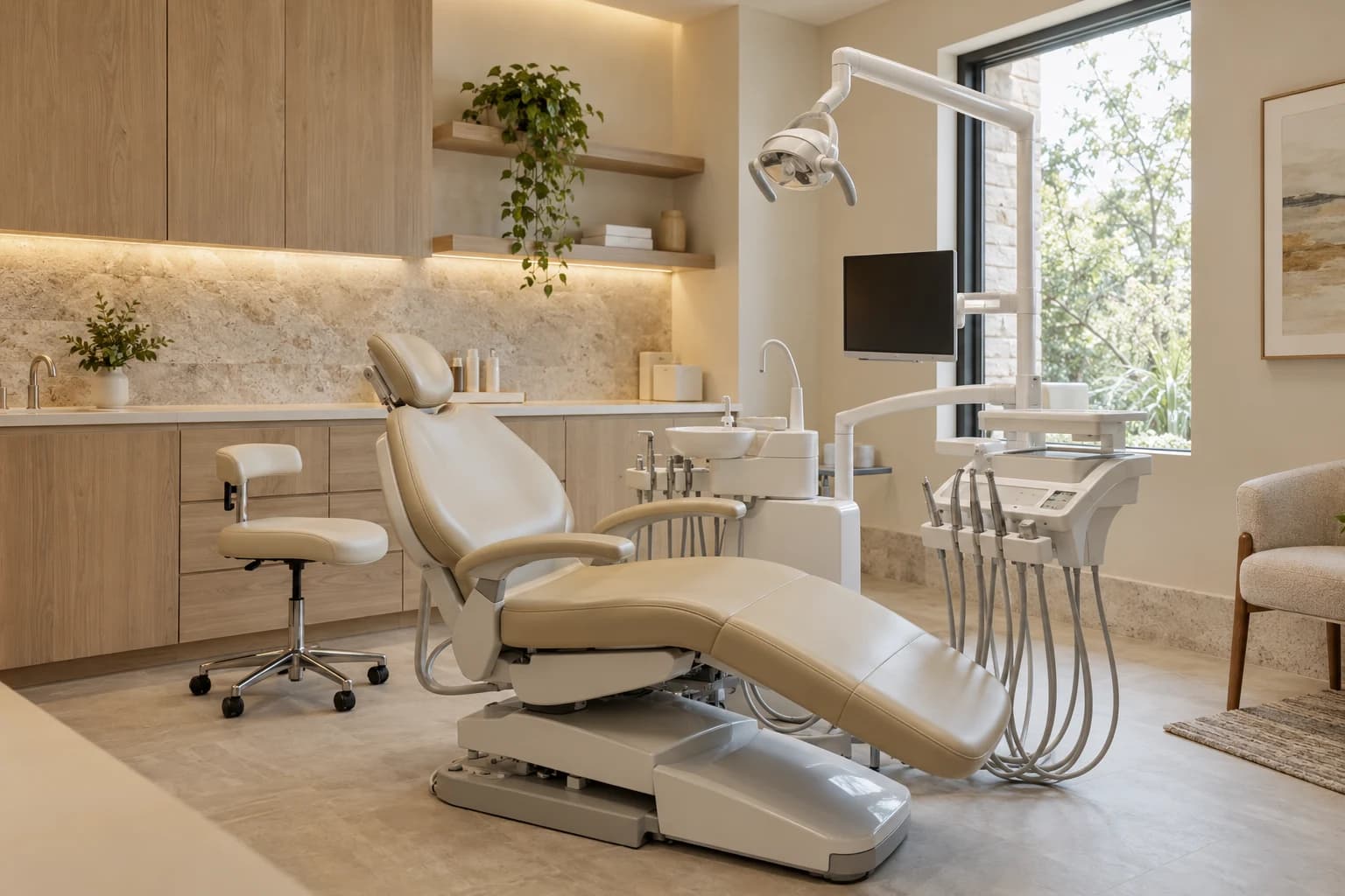 A refined dental treatment suite with a cream chair, oak cabinetry, and soft natural light. Original AI-generated image.