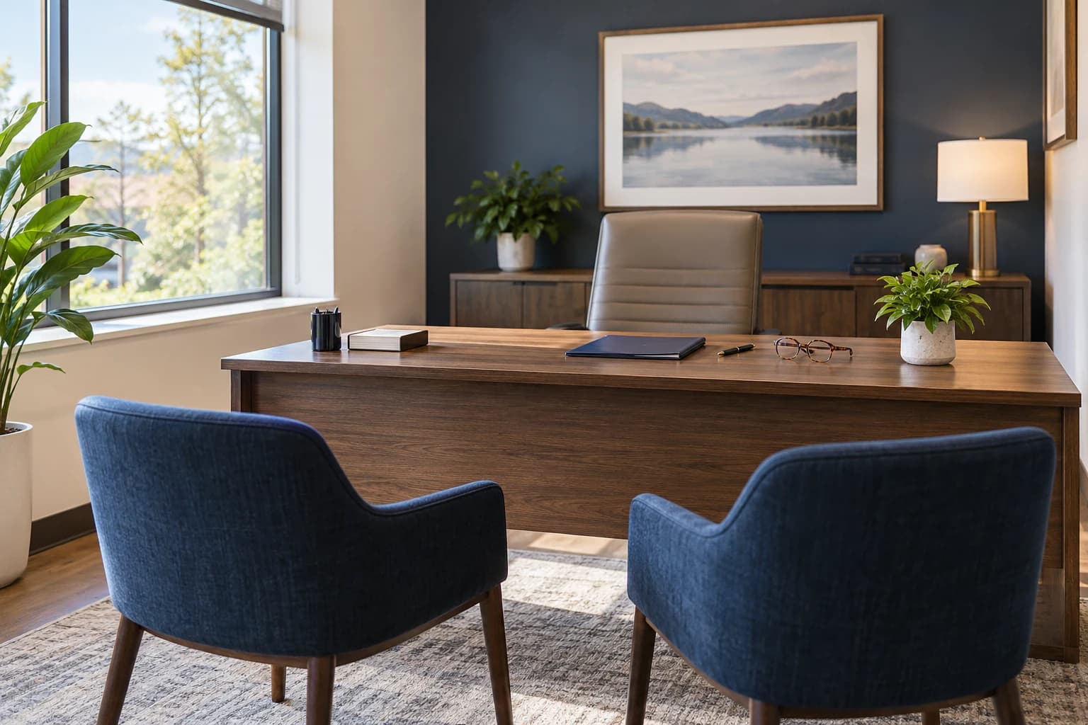 An inviting advisor office with visitor chairs and a tidy wooden desk. Original AI-generated image.