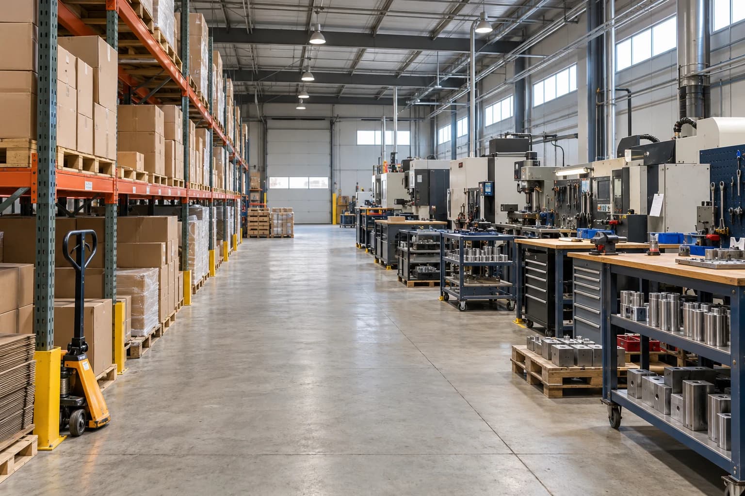 An organized industrial aisle between storage racks and manufacturing workbenches. Original AI-generated image.