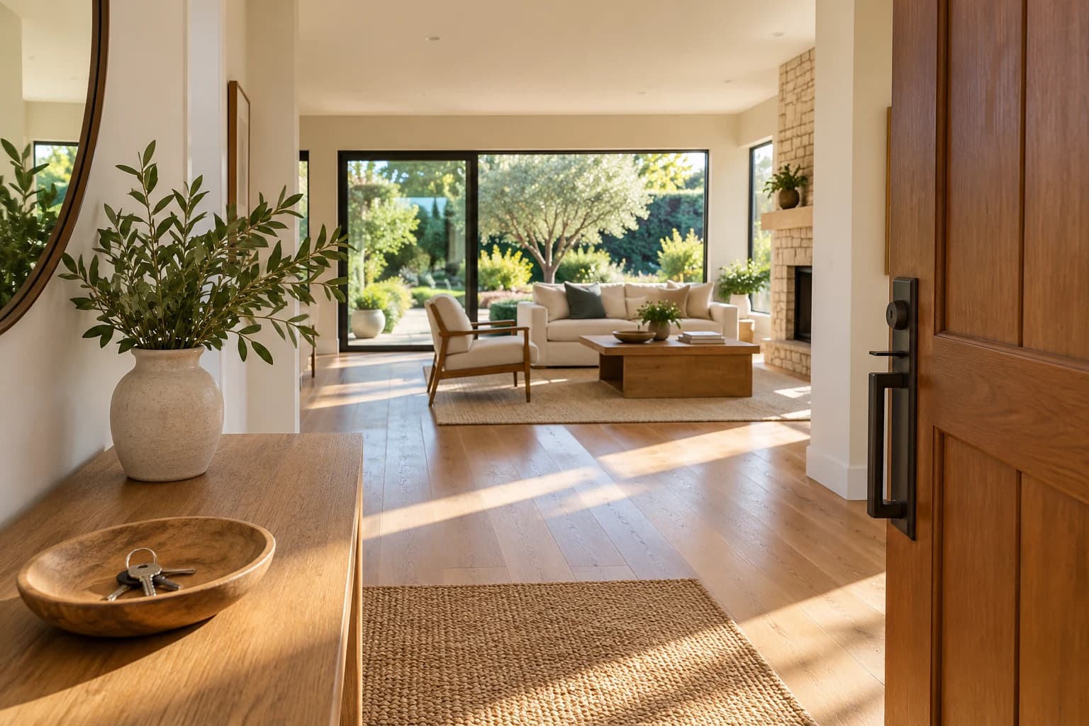 An open front door into a bright home, with house keys on a nearby console. Original AI-generated image.