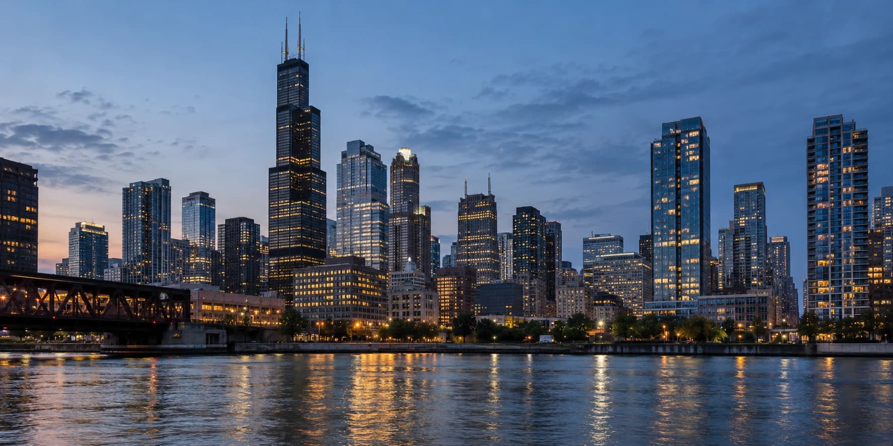 An illustrative Chicago-inspired skyline beside the river at blue hour. Original AI-generated image.