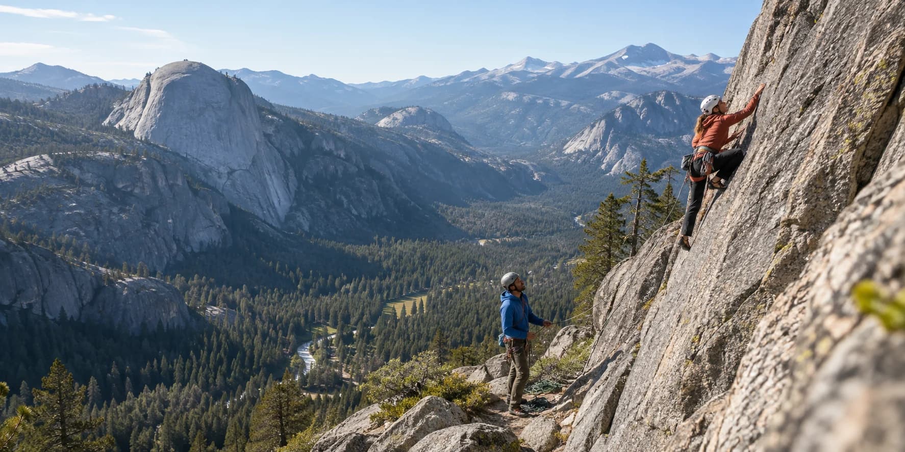 Two climbers working together on a granite face above a forested mountain valley, one climbing while the other belays. Original AI-generated image.